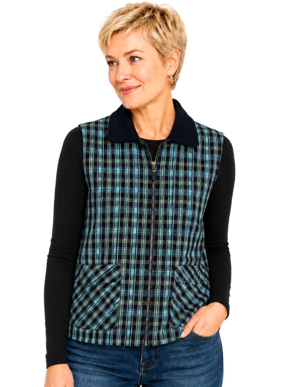 Rene Pontier Blue Green Black Plaid Full Zip Vest
